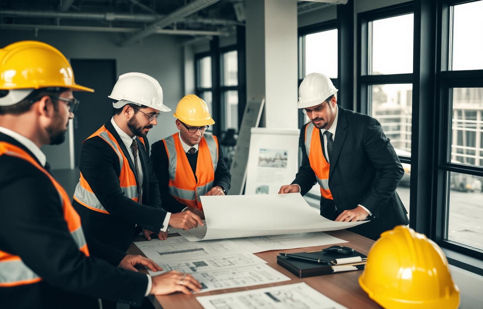 Project managers reviewing construction drawings on site
